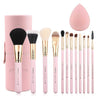Image of 12-Piece Pink Synthetic Makeup Brush Set with Holder - Travel-Friendly Organizer for Foundation, Powder, Contour, Blush, and Eye Cosmetics, Includes Bonus Makeup Sponge