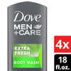 Image of Dove Men+Care Body Wash Extra Fresh 4 Count for Men'S Skin Care Body Wash Effectively Washes Away Bacteria While Nourishing Your Skin 18 Oz