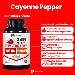 Healthfare Cayenne Pepper Extract, 600mg | 200 Veg Capsules | 45,000 HU