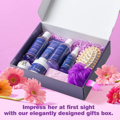 Lavender Spa Gift Basket for Men and Women - Relaxation Set with Massage Body Rush and Bath Bombs - Thoughtful Birthday Gift for Her or Mom - Unique Self-Care Experience