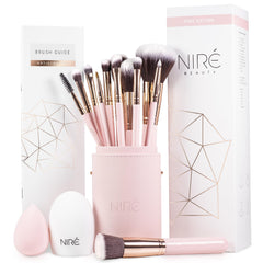 Beauty 15-Piece Award-Winning Pink Makeup Brush Set with Case, Makeup Sponge, Brush Cleaner, Guide, and Gift Box