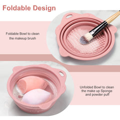 Portable Foldable Silicone Makeup Brush Cleaner Bowl for Brushes, Powder Puffs, and Sponges (Pink)