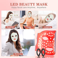 LED Facial Mask for Light Therapy - 7 Color Options, Adjustable Brightness, 309 LED Beads for Home Use, Suitable for Face and Neck, White and Green