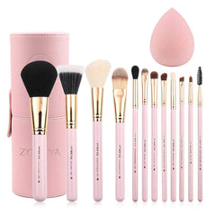 12-Piece Pink Synthetic Makeup Brush Set with Holder - Travel-Friendly Organizer for Foundation, Powder, Contour, Blush, and Eye Cosmetics, Includes Bonus Makeup Sponge