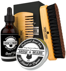 Beard Grooming Kit for Men: Brush, Comb, Oil, and Balm for Growth, Styling, Shine, and Softness - Ideal Travel Set and Gift Option
